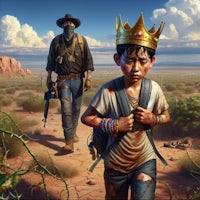 a man in a cowboy hat and a boy with a crown in the desert
